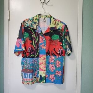 High Leng Fan Qirky Folkart Patchwork  Women's Button Up Blouse L Polyester